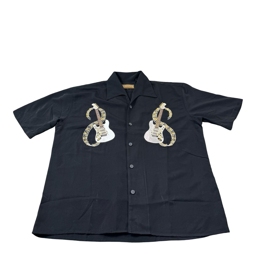 Dragonfly Guitar Embroidered Shirt Rockabilly Button Down Short Sleeve Men's L